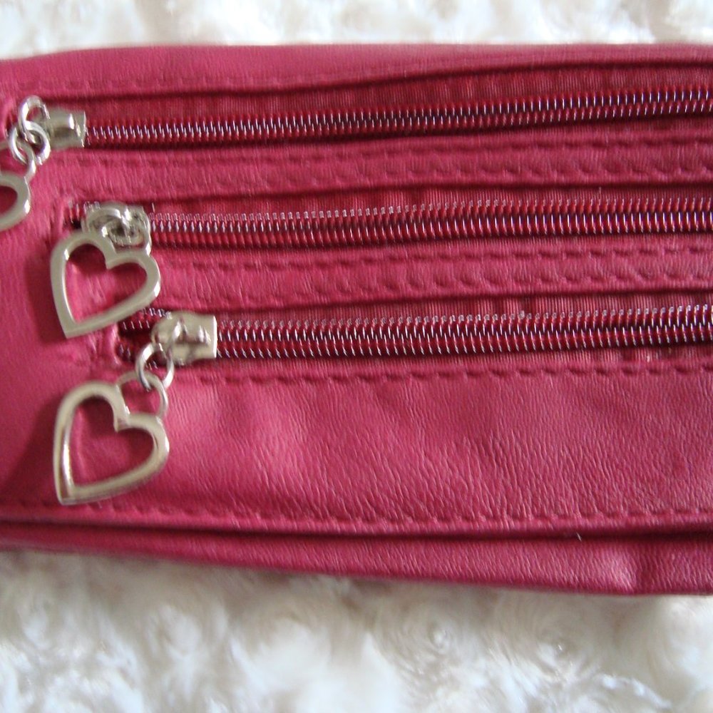 New okpta Small Purse Heart Zipper Pulls Many Compartments Pinkish Red